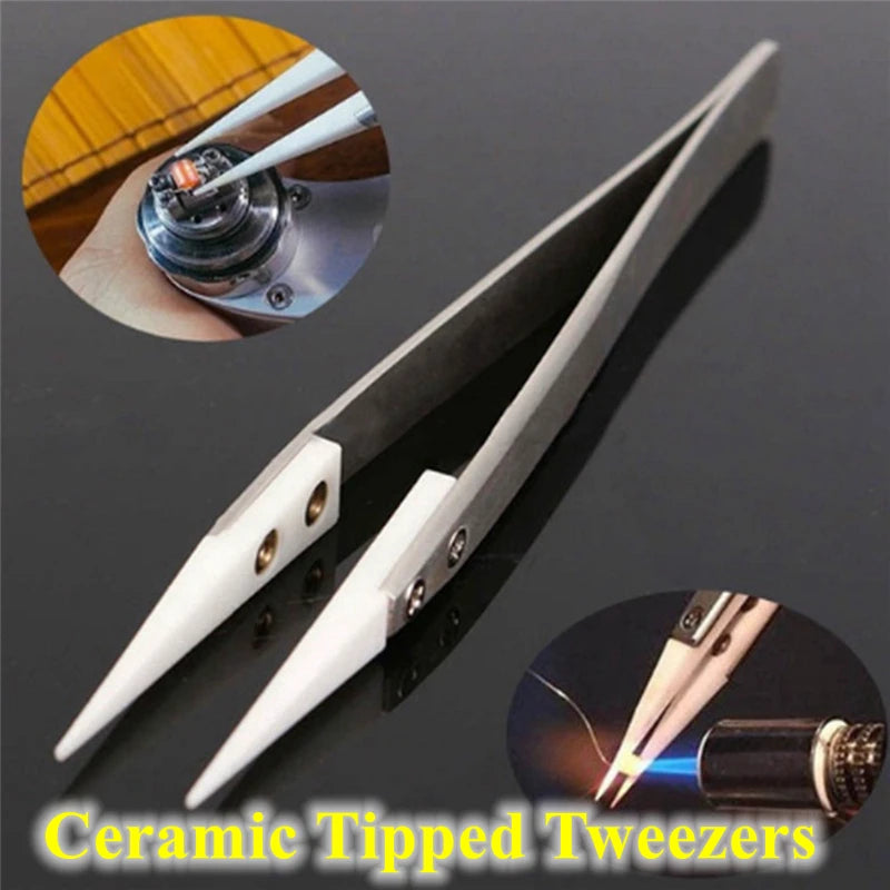 Ceramic Tipped Stainless Steel Soldering Tweezers – Heat-Resistant Fine Point