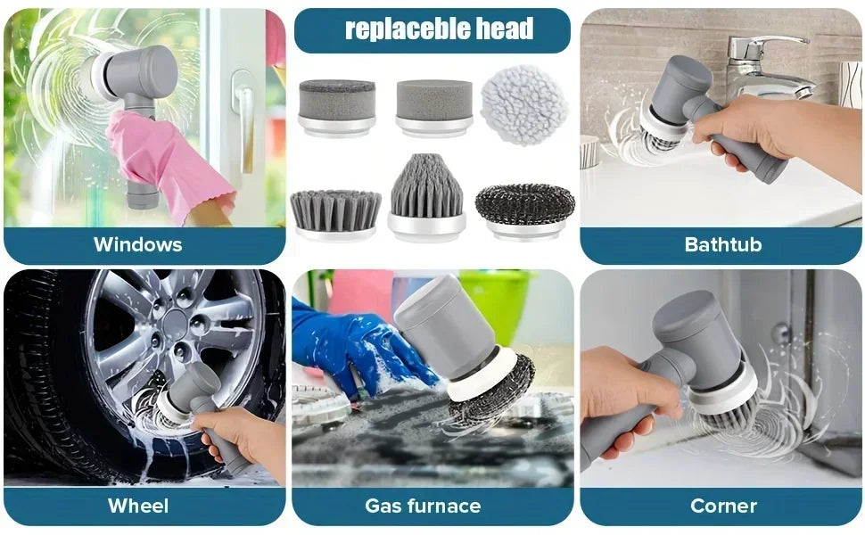 Cordless electric spin scrubber with five replaceable cleaning heads, ideal for bathroom and household cleaning tasks.