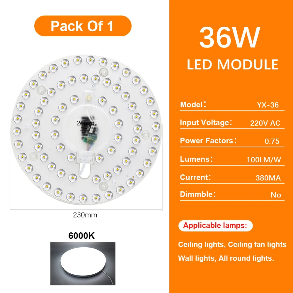 72W LED Ceiling Light Replacement Module – Dimmable, 220V, Round Panel