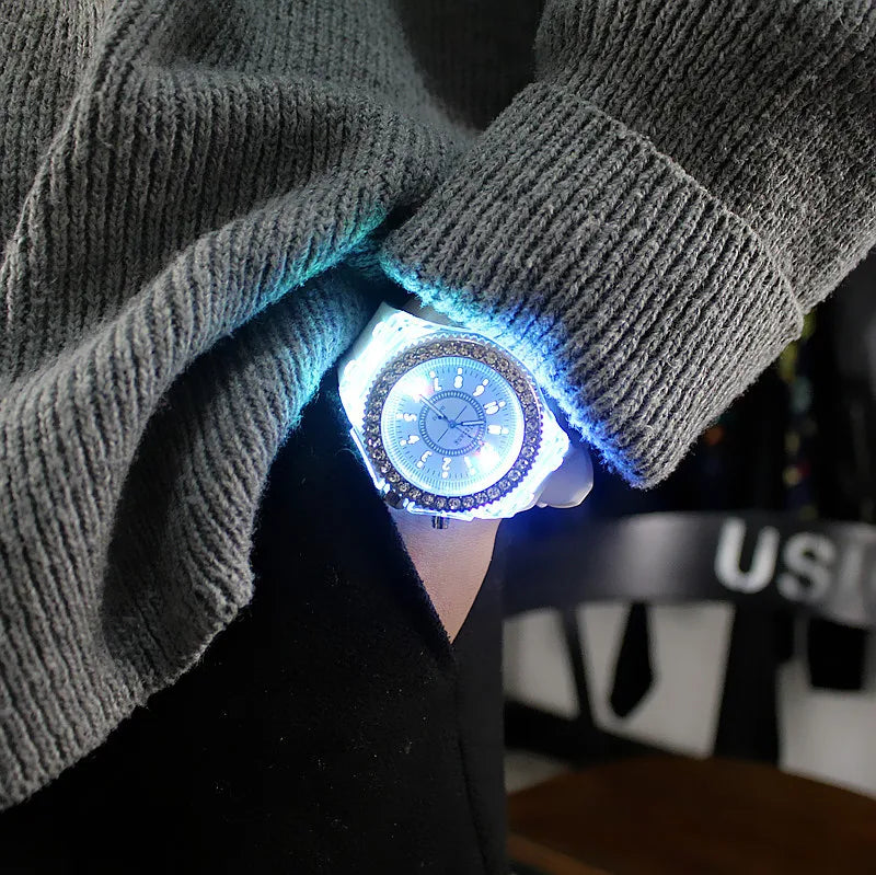 LED Flash Luminous Watch by R.E.D. Shopping featuring rhinestones and silicone strap, suitable for kids and adults.