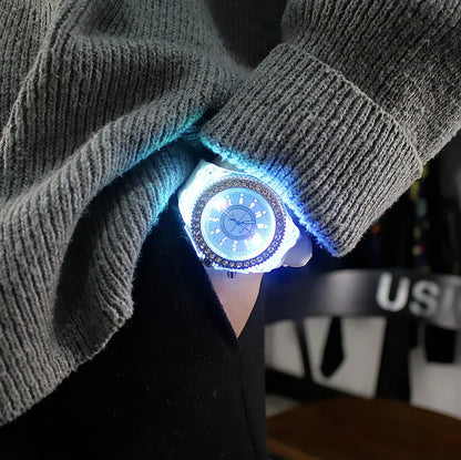 LED Flash Luminous Watch by R.E.D. Shopping featuring rhinestones and silicone strap, suitable for kids and adults.