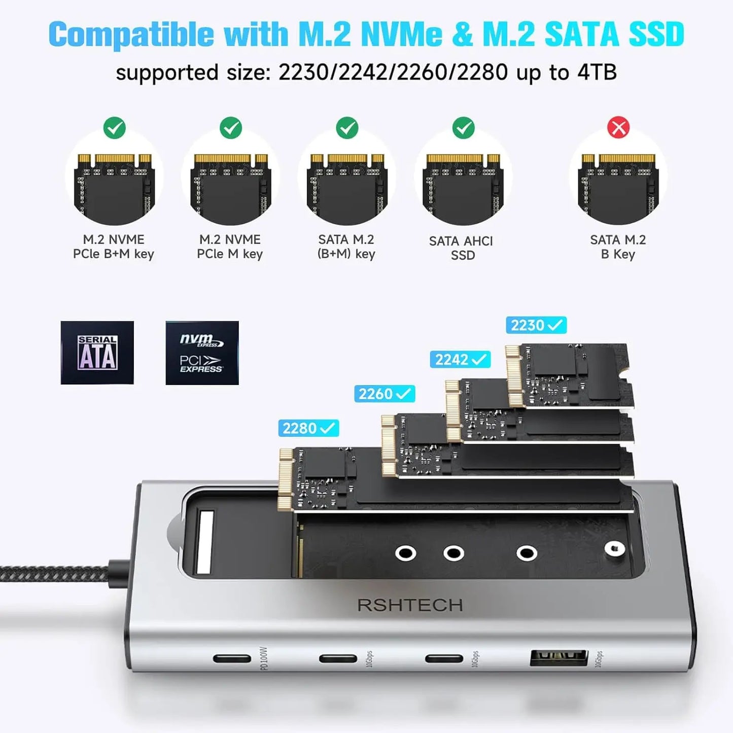RSHTECH RSH-D05P 5-in-1 USB-C Hub with M.2 NVMe/SATA SSD Enclosure – 10Gbps, 100W PD
