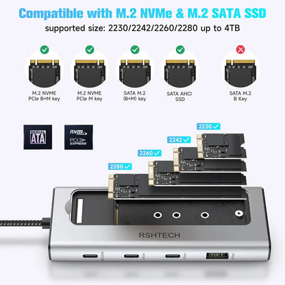 RSHTECH RSH-D05P 5-in-1 USB-C Hub with M.2 NVMe/SATA SSD Enclosure – 10Gbps, 100W PD