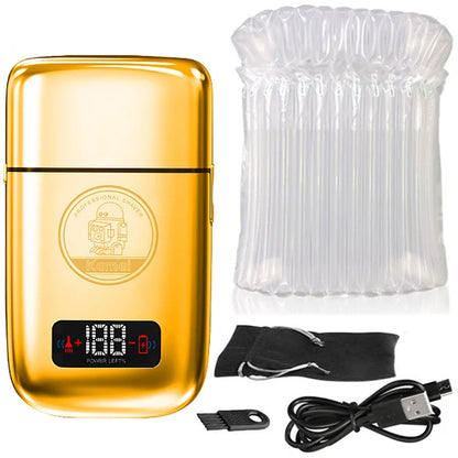 Kemei Km-Tx3 electric gold metal shaver with USB charging, anti-pinch design, for hair styling and trimming.
