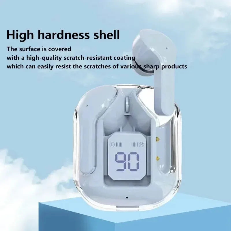 R.E.D. Shopping T2 wireless Bluetooth earphones with transparent design, LED display, and 24-hour battery life.