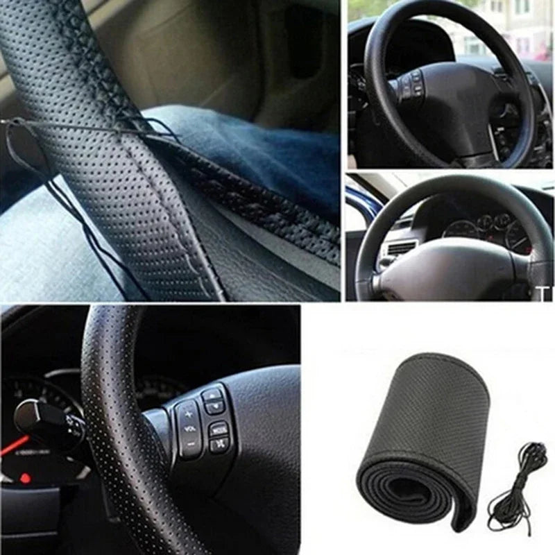 DIY Braid Steering Wheel Cover | Artificial Leather with Needles & Thread, 2 Colors, Soft Texture