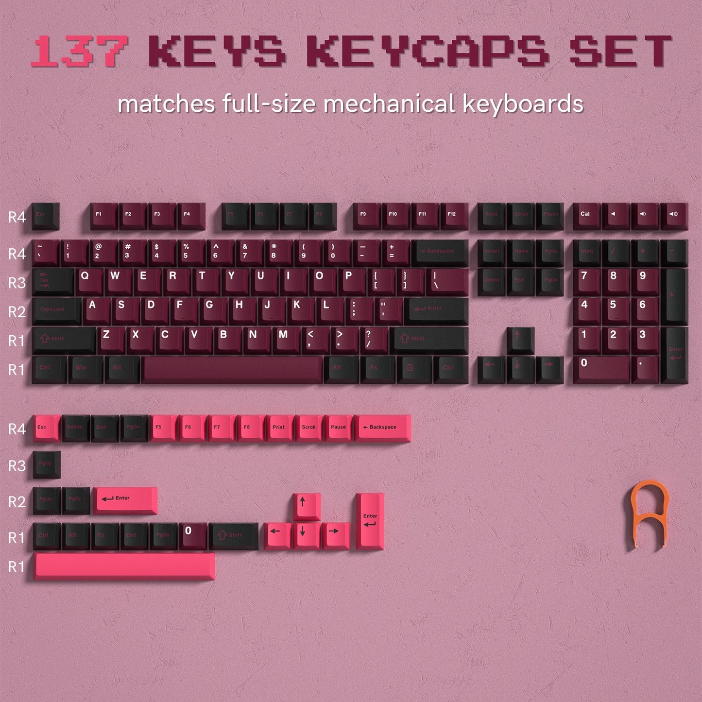 Retro dark red PBT keycap set with cherry profile for mechanical keyboards, featuring 126 double shot keys and R.E.D. Shopping branding.
