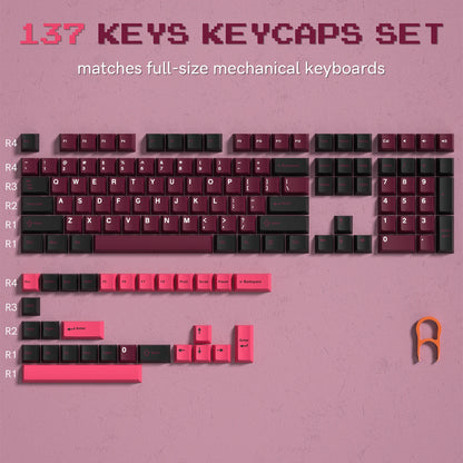 Retro dark red PBT keycap set with cherry profile for mechanical keyboards, featuring 126 double shot keys and R.E.D. Shopping branding.