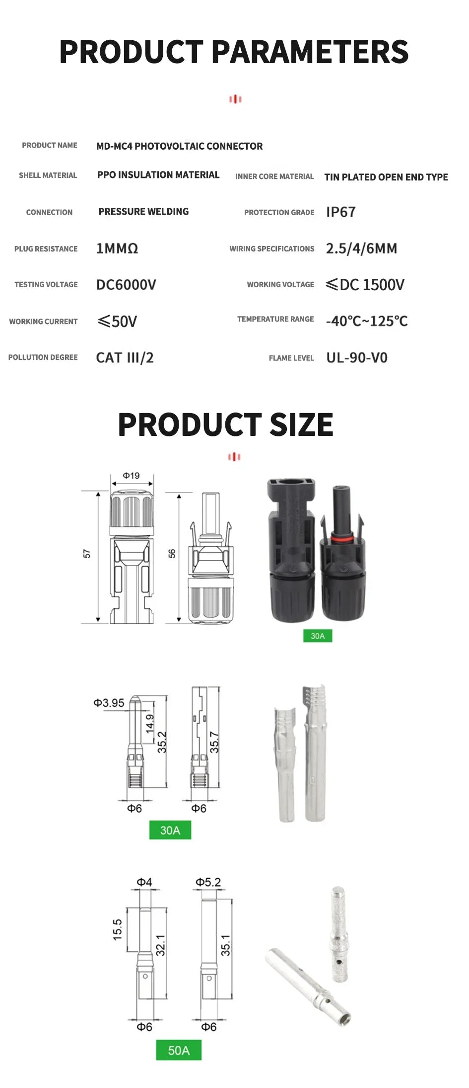 Solar Panel Connector Kit 1000V 30A – PV MC4 Connectors 2.5/4/6mm²