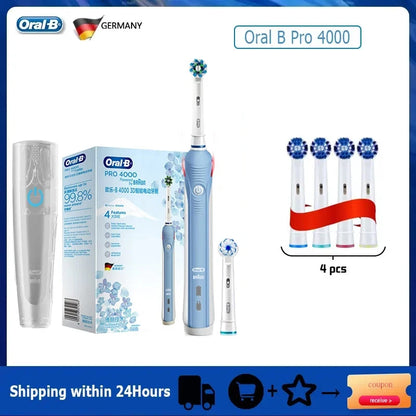 Oral-B Pro 4000 Electric Toothbrush – 3D Action, Pressure Sensor, 4 Modes, Gum Care, Waterproof