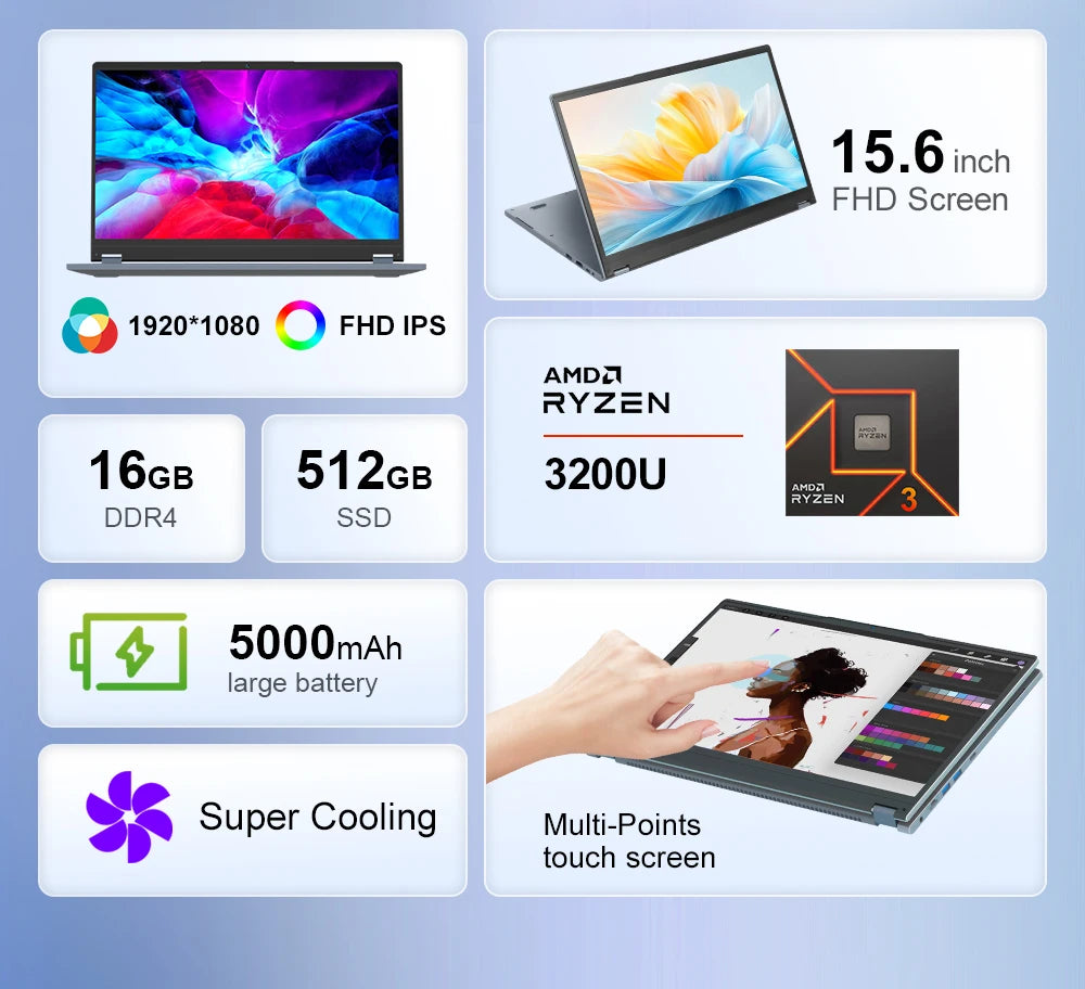 Ninkear YBOOK 15 2-in-1 Laptop – 15.6" 360° Touchscreen, AMD, 16GB, 512GB, Win11