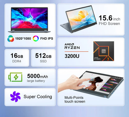 Ninkear YBOOK 15 2-in-1 Laptop – 15.6" 360° Touchscreen, AMD, 16GB, 512GB, Win11