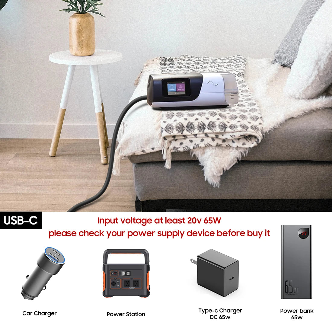 65W USB-C to ResMed AirMini CPAP Power Cable – 24V PD Charging Adapter for Travel