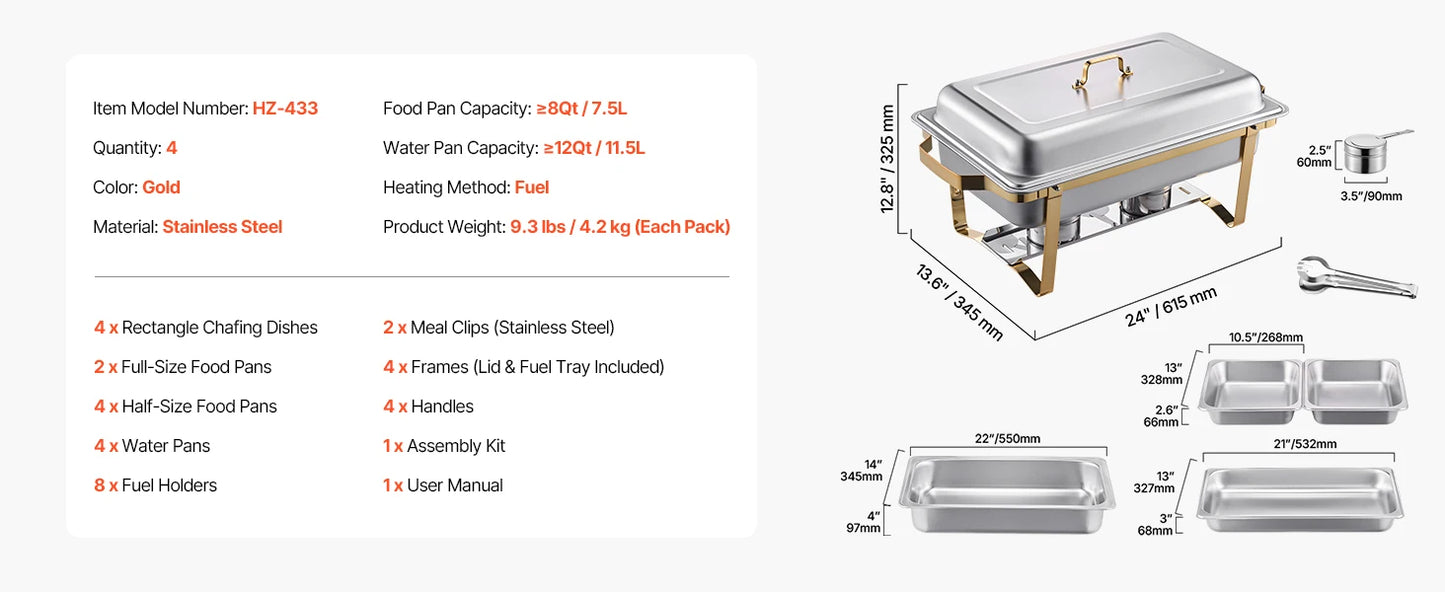 SucceBuy 8QT Rectangle Chafing Dish Set – 2/4/6 Pack Buffet Catering Warmer