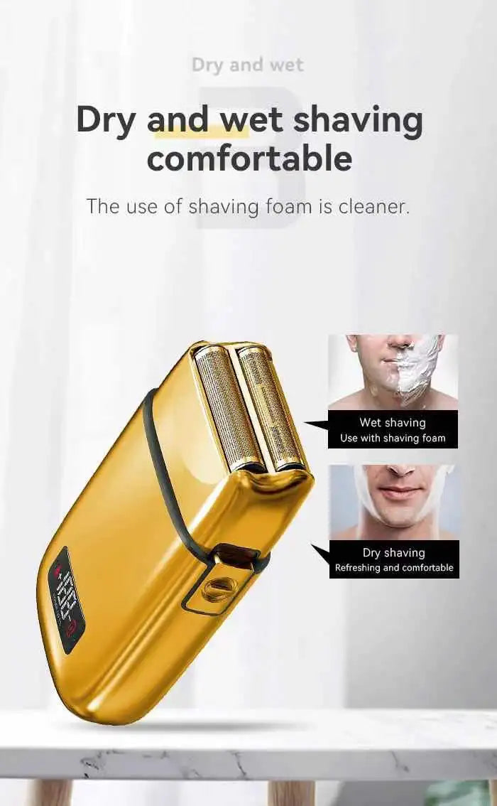 Kemei Km-Tx3 electric gold metal shaver with USB charging, anti-pinch design, for hair styling and personal grooming.