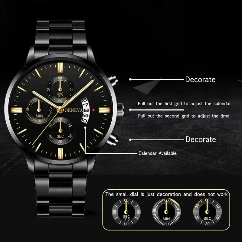 Men’s luxury stainless steel quartz wristwatch with calendar function, stylish business accessory by R.E.D. Shopping.