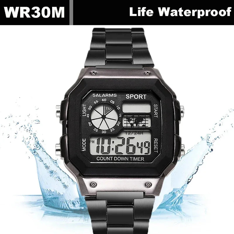 YIKAZE Men's Military LED Sport Watch - Luxury Stainless Steel Strap, Waterproof Digital Wristwatch