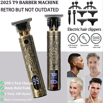 R.E.D. Shopping T9 Professional Hair Clipper with USB fast charging, beard and body trimmer, black and silver design.