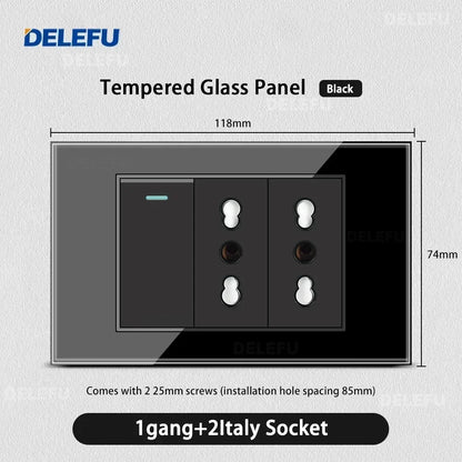 DELEFU Black Tempered Glass Wall Socket – USB Type-C Fast Charging Schuko & Italy