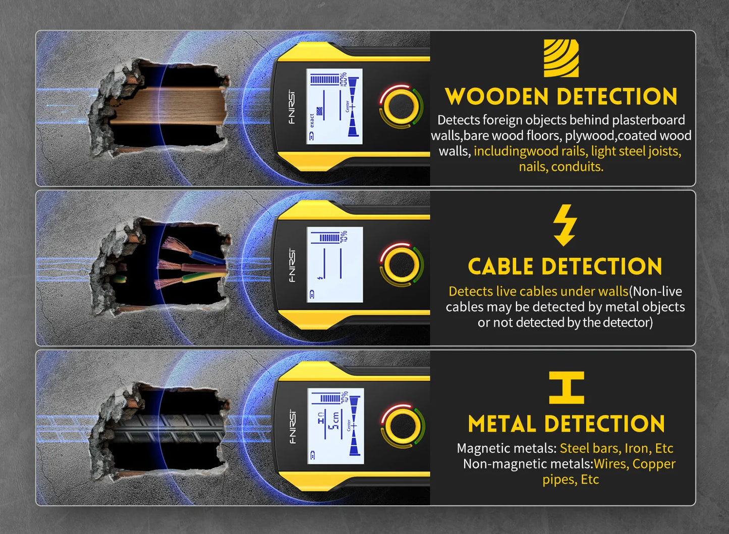 FNIRSI Wall Scanner – Metal Detector for AC Cables, Wires & Wood Studs