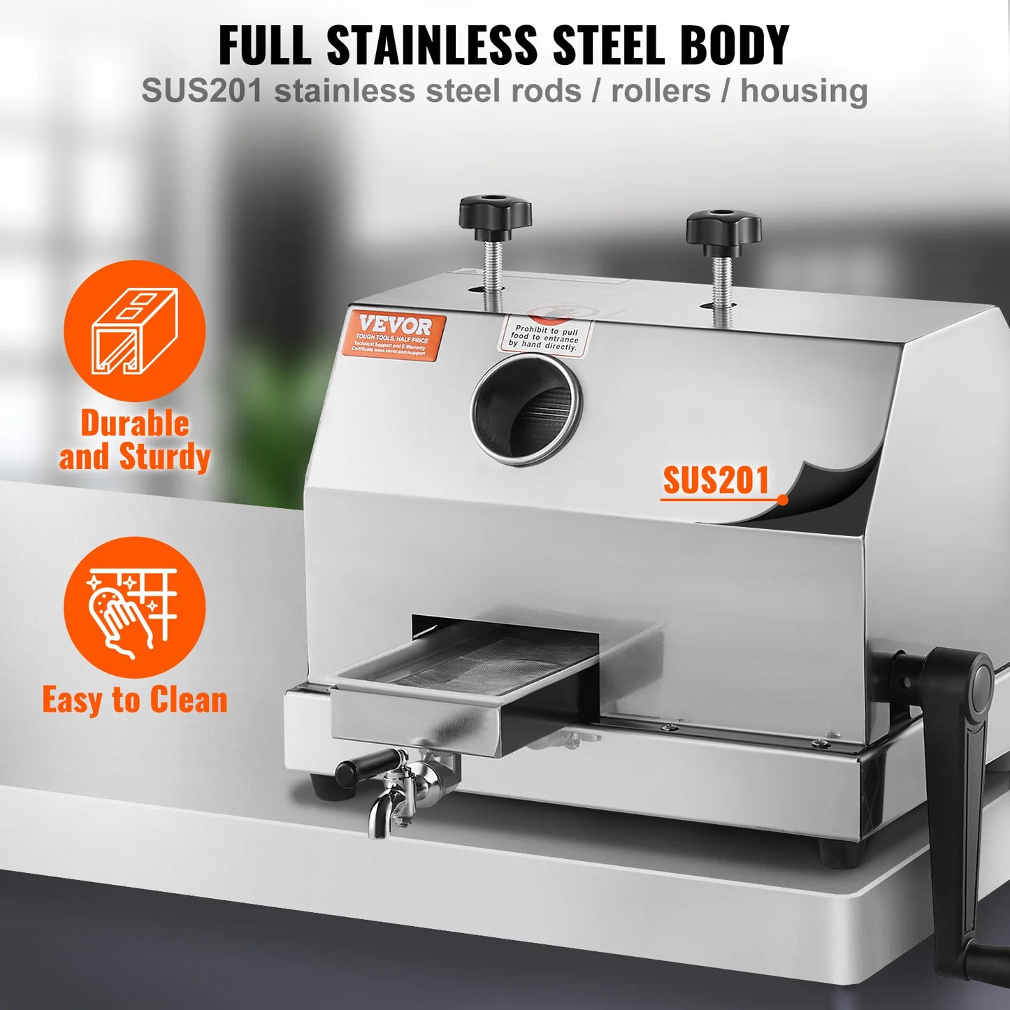 SucceBuy Commercial Sugar Cane Juicer – 110LBS/H, 3 Stainless Steel Rollers