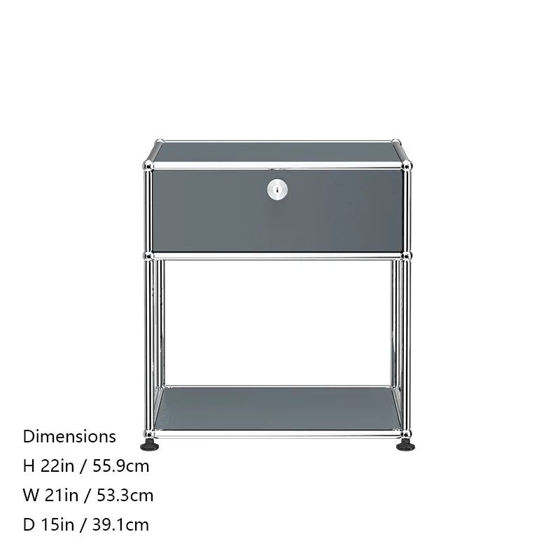 Stainless steel metal nightstands with storage cabinets, modern bedroom furniture by R.E.D. Shopping, suitable for living room or bedroom use.