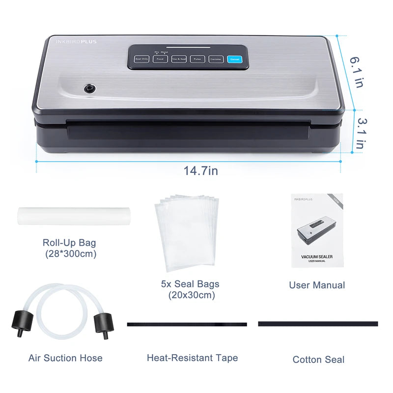 INKBIRD INK-VS02 Vacuum Sealer | Dry/Moist/Pulse/Canister Modes | Food Packaging Machine | EU Plug
