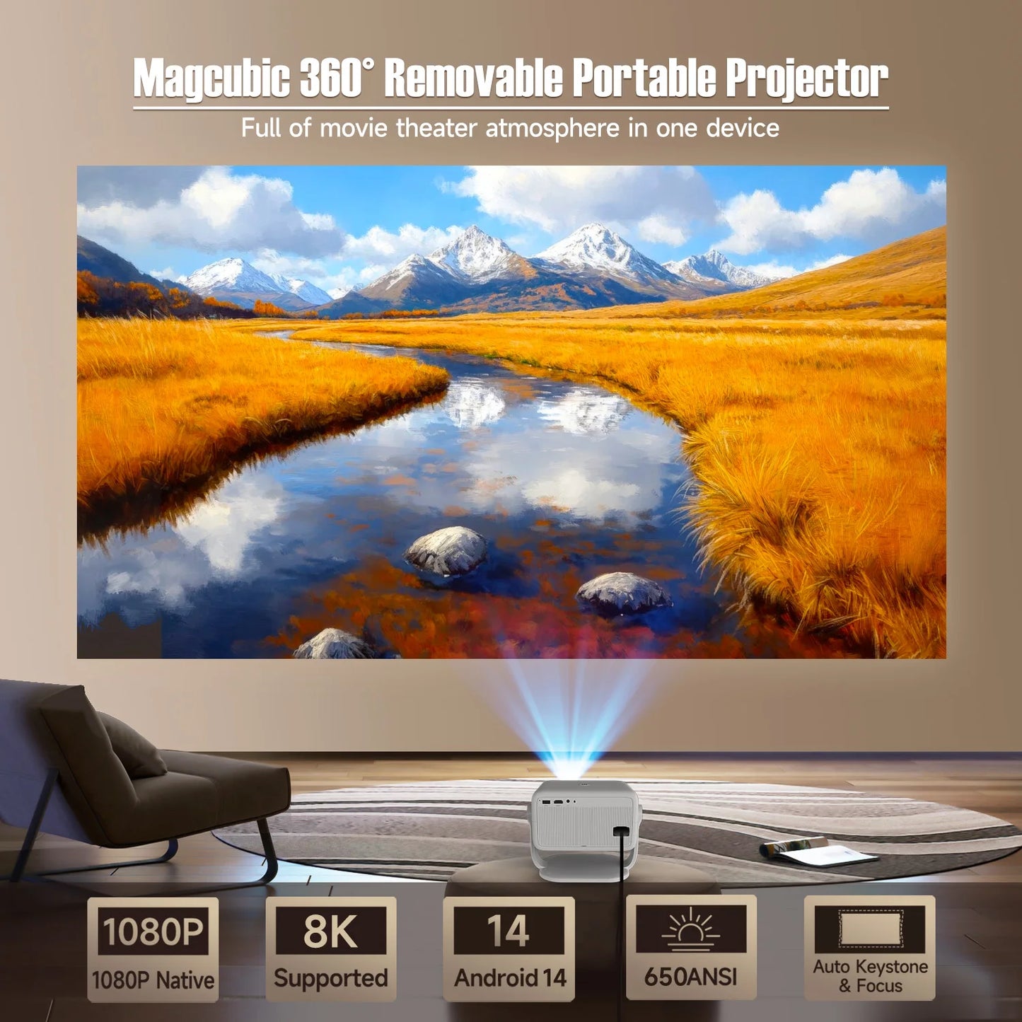 Magcubic L018 Native 1080P Portable Projector – 650 ANSI, Android 14, Auto Keystone, WiFi 6, BT5.4