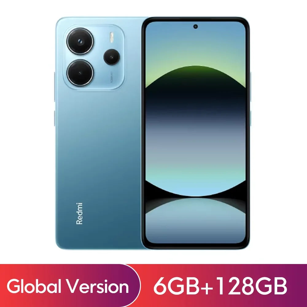 Xiaomi Redmi Note 14 smartphone with 108MP camera, MediaTek Helio G99, and 120Hz display showing front view of the device.