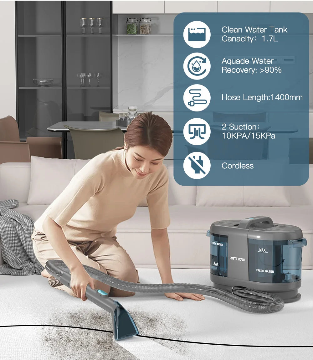 PrettyCare PC808 Cordless Carpet & Spot Vacuum Cleaner – 1.4m Hose, Wet Sprayer for Sofa & Car