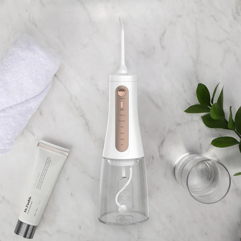 Oral Irrigator Water Dental Flosser – 350ml, 5 Modes, IPX7, 6 Nozzles, Rechargeable