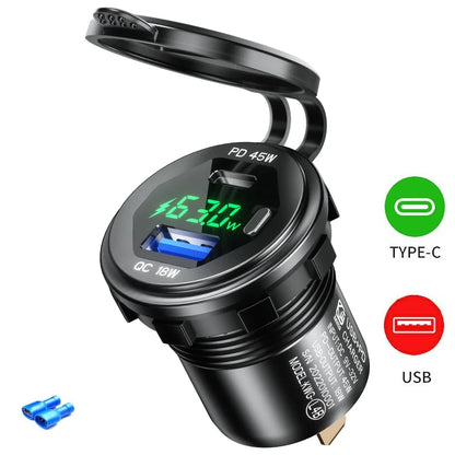 63W Aluminum USB-C Car Charger Socket – PD & QC3.0 Dual Port, 12V/24V for Car, Boat & Motorcycle