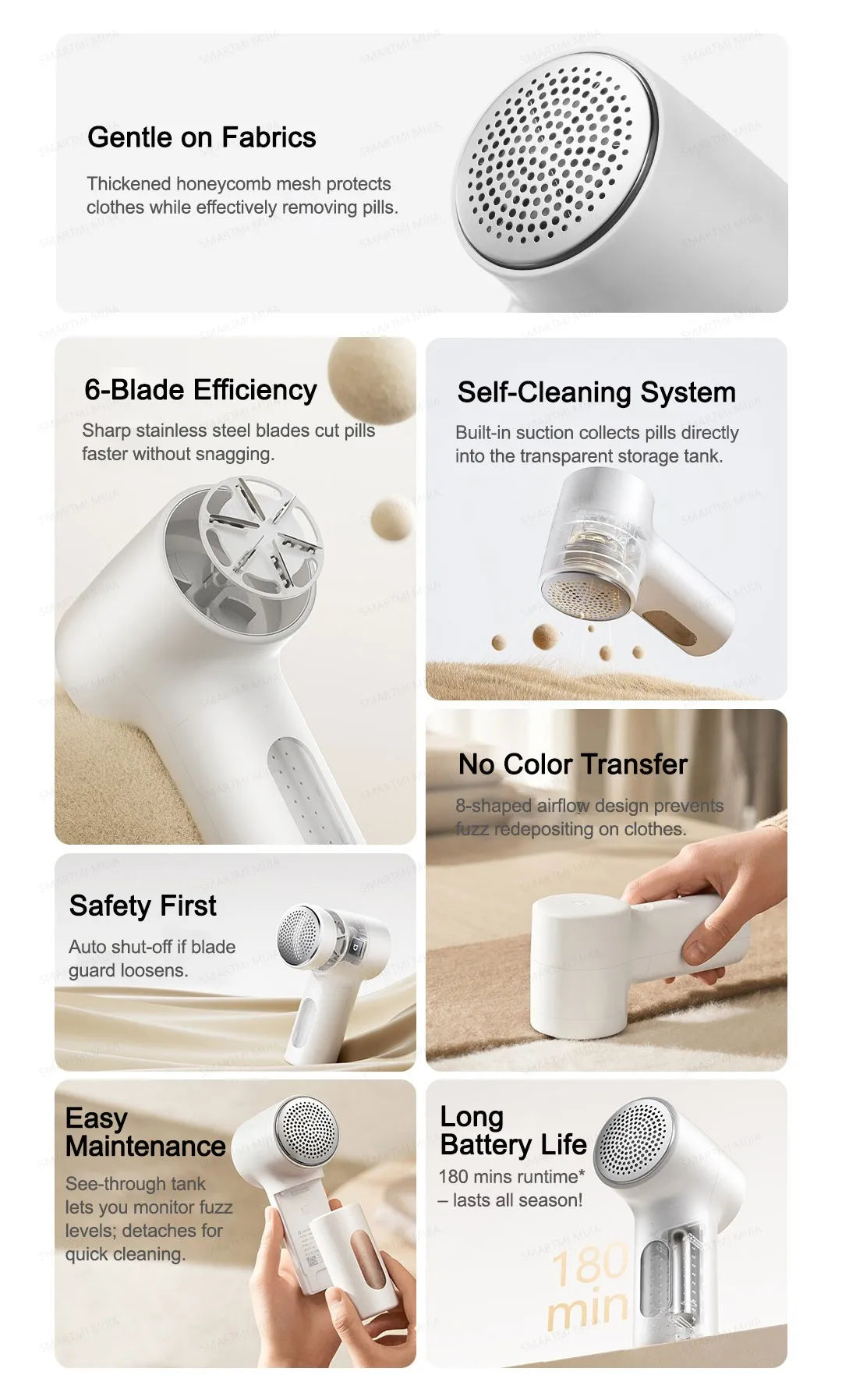 MIJIA Lint Remover 2 – Fabric Shaver with 6-Blade, 180min Battery, USB Rechargeable