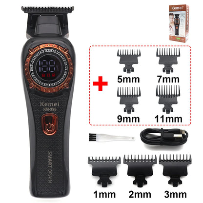Kemei KM-999 Professional Hair Trimmer – DLC T-Blade, Zero Gap, LED Display, Cordless USB Clipper