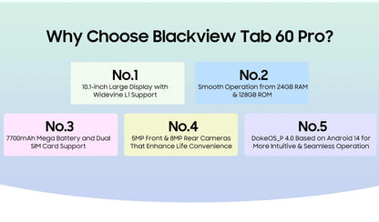 Blackview Tab 60 Pro Tablet – 10.1" HD+ IPS, Android 14, 8GB RAM, 128GB, 7700mAh, Widevine L1