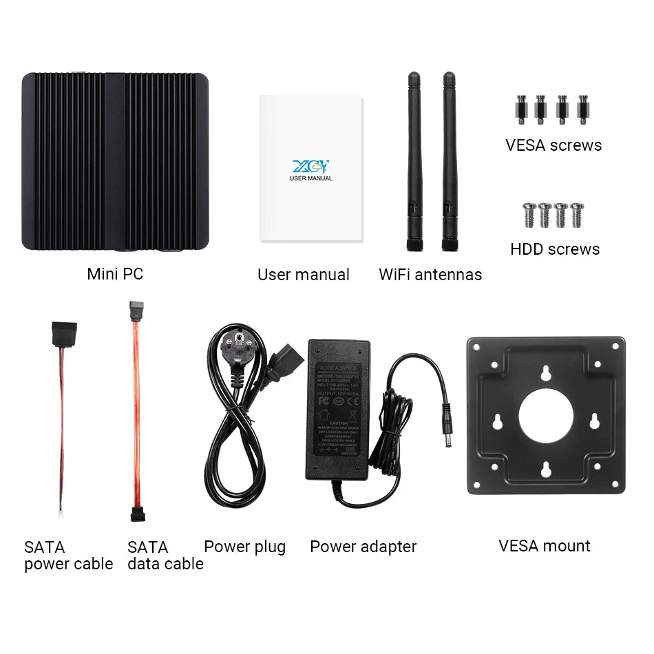 XCY Fanless Mini PC – Intel Celeron J1900, Quad-Core, Gigabit Ethernet, HDMI, VGA, WiFi, Windows/Linux