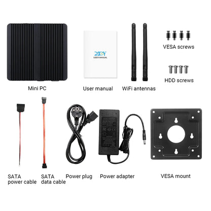 XCY Fanless Mini PC – Intel Celeron J1900, Quad-Core, Gigabit Ethernet, HDMI, VGA, WiFi, Windows/Linux