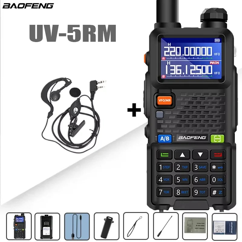 Baofeng UV-5RM walkie talkie with four-band radio, 999 channels, and 3800mAh battery, featuring a compact handheld design.