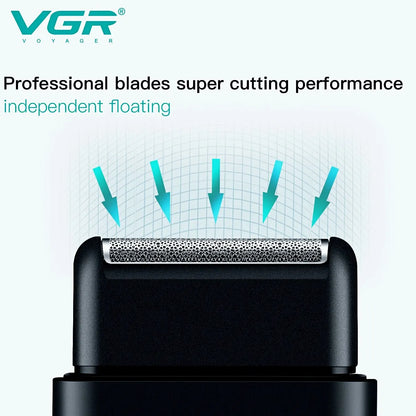 VGR professional electric shaver for men with USB charging, compact mini design, suitable for beard trimming and grooming.