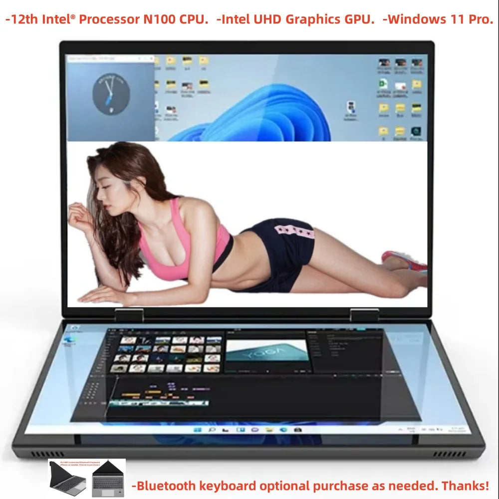 Intel N100 dual-screen laptop with 14-inch 2K touch displays, 32GB RAM, flip metal case, 2-in-1 design, lightweight electronics computer