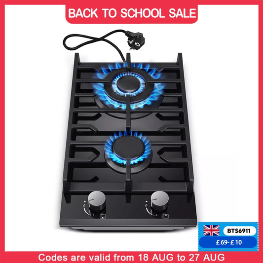 TopStrong 2-Burner Built-In Gas Hob 30cm – Tempered Glass, NG/LPG Dual Fuel (UKGCT-B02)