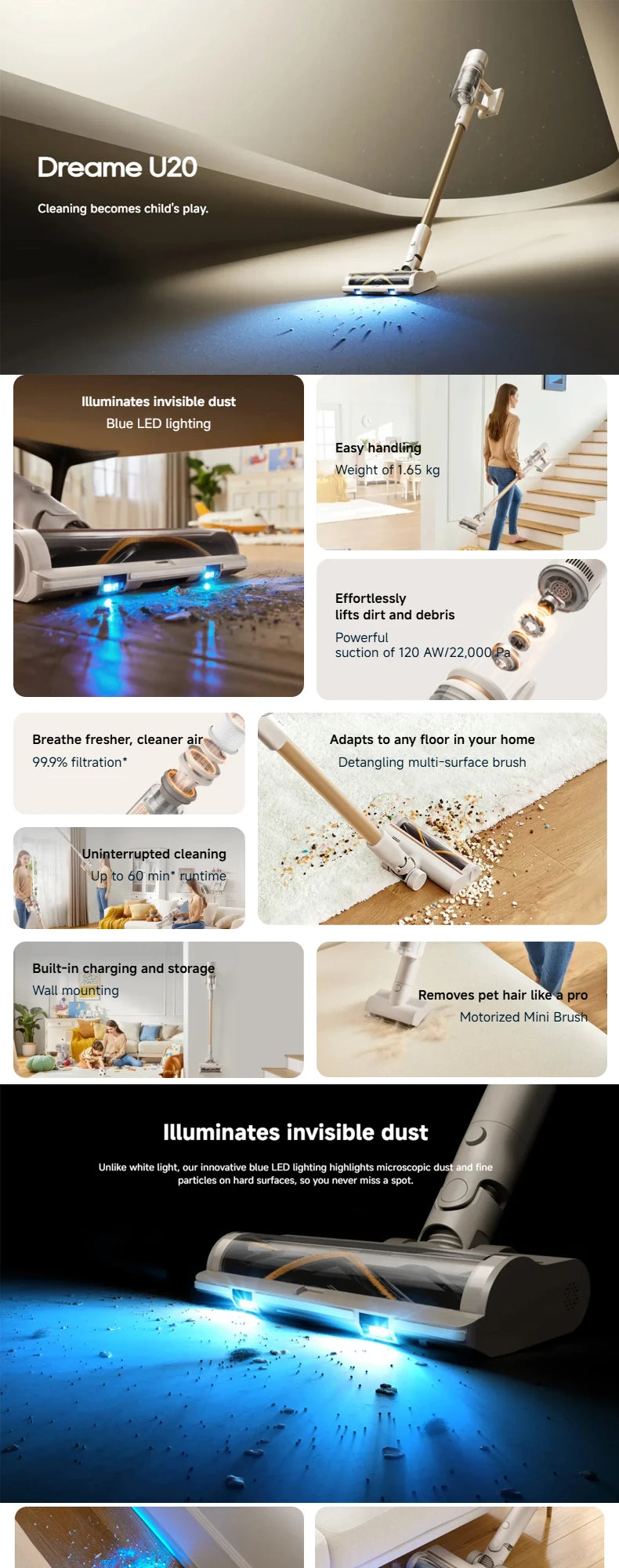 Dreame U20 Cordless Vacuum Cleaner – 120AW, 22,000PA, Blue Light Dust Reveal, V-Shape Anti-Tangle | Pet Hair & Carpet | EU/UK/KR