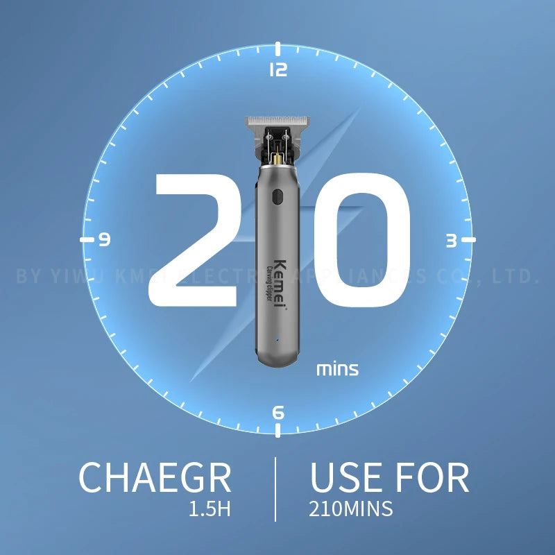 Kemei Professional Cordless Hair Trimmer with titanium blade for precise hair cutting, featuring ergonomic design and rechargeable battery.