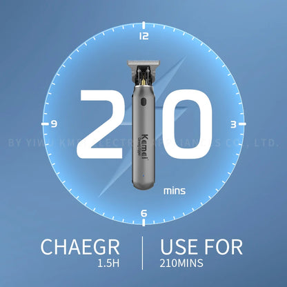 Kemei Professional Cordless Hair Trimmer with titanium blade for precise hair cutting, featuring ergonomic design and rechargeable battery.