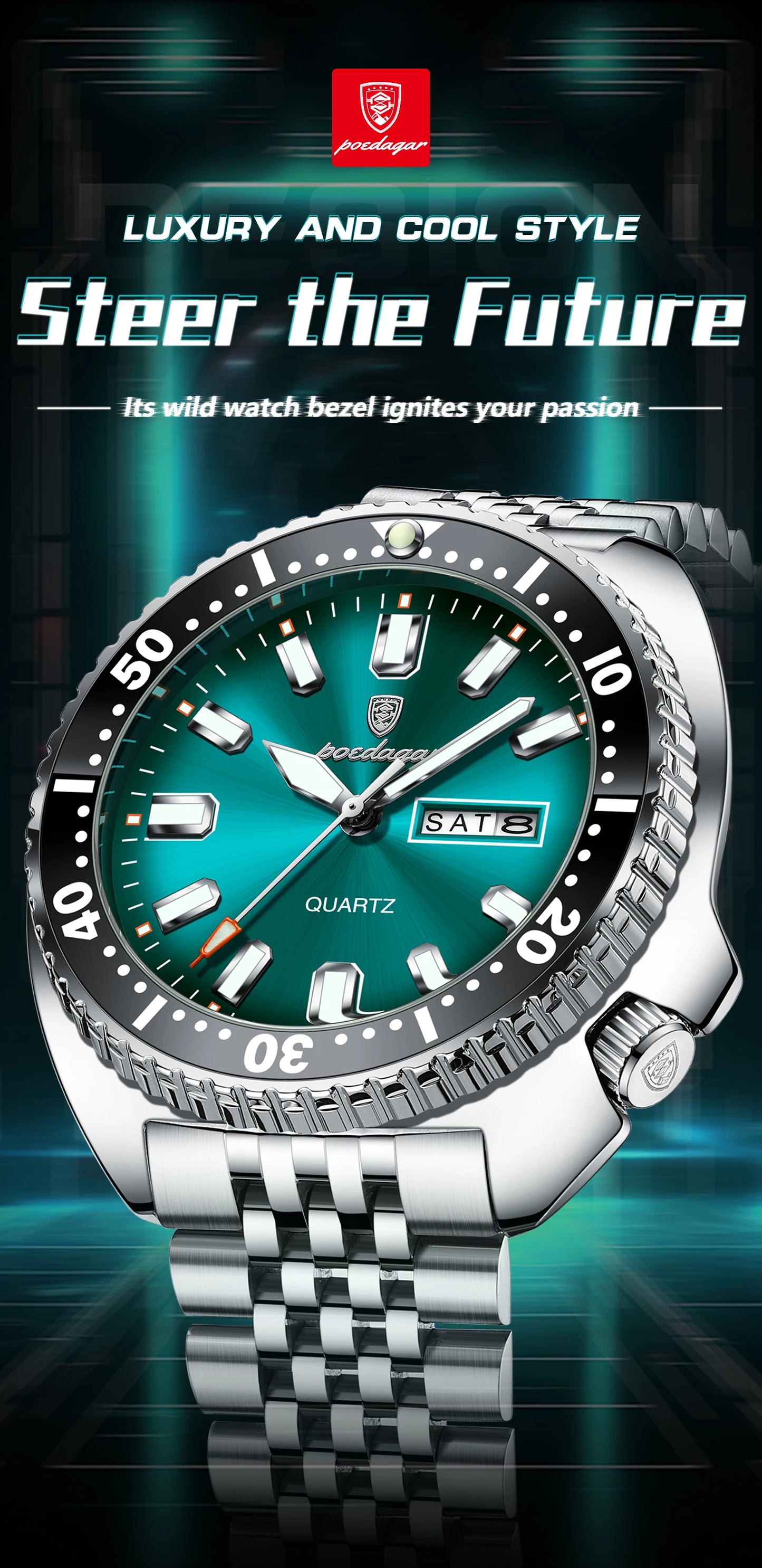 POEDAGAR Luxury Men's Quartz Watch – Date, Week, Luminous & Waterproof Stainless Steel