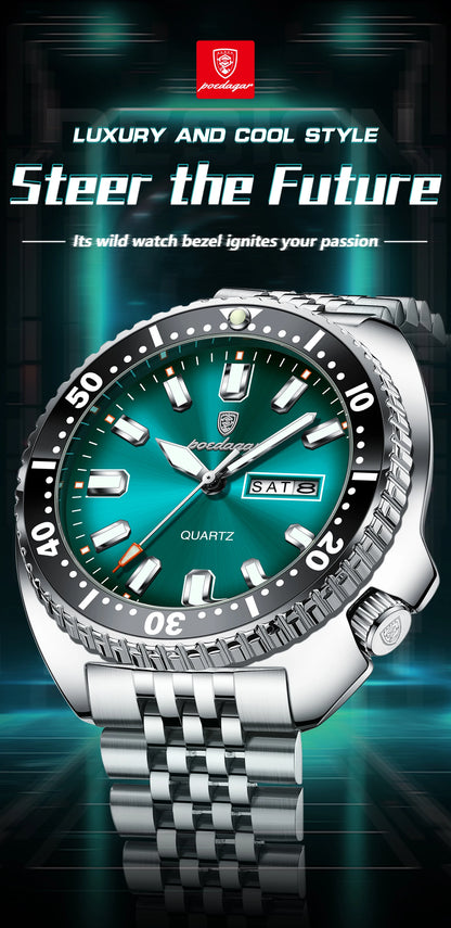 POEDAGAR Luxury Men's Quartz Watch – Date, Week, Luminous & Waterproof Stainless Steel