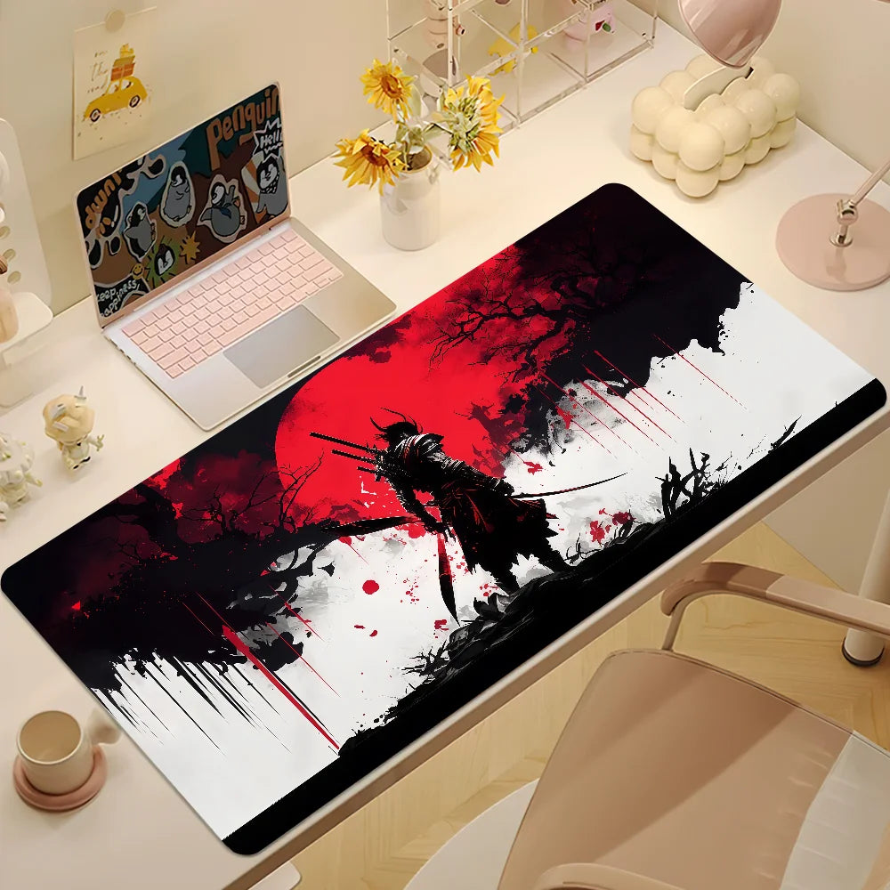 Large Japan Samurai Fantasy Mask mouse pad by R.E.D. Shopping, featuring a detailed samurai mask design on a non-slip gaming desk mat.