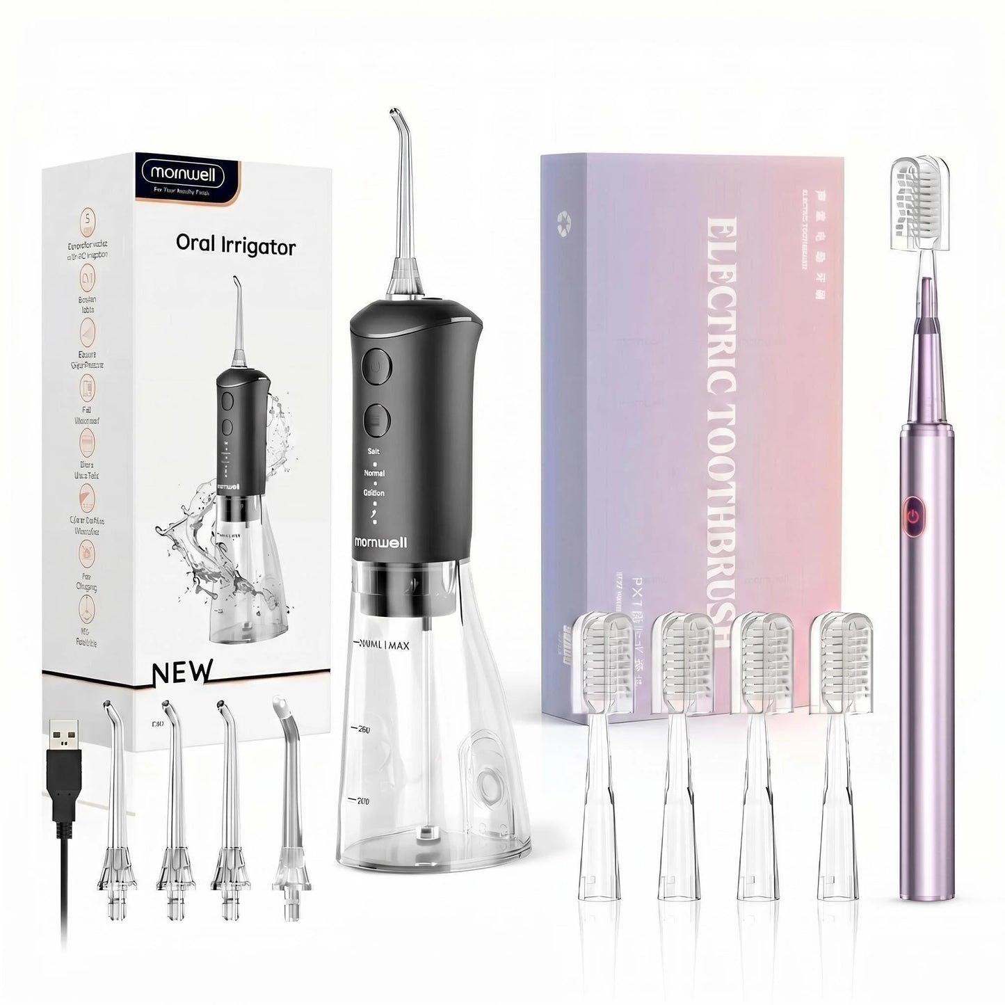 Electric Toothbrush & Water Flosser Combo – 3 Pressure Modes, 6 Jet Tips, 4 Brush Heads, 300ml Tank
