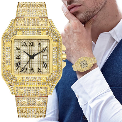 Men's luxury square rhinestone quartz watch with steel strap, stylish business wristwatch by R.E.D. Shopping