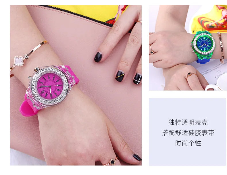 LED Flash Luminous Watch by R.E.D. Shopping featuring rhinestones and silicone strap, suitable for kids and adults.
